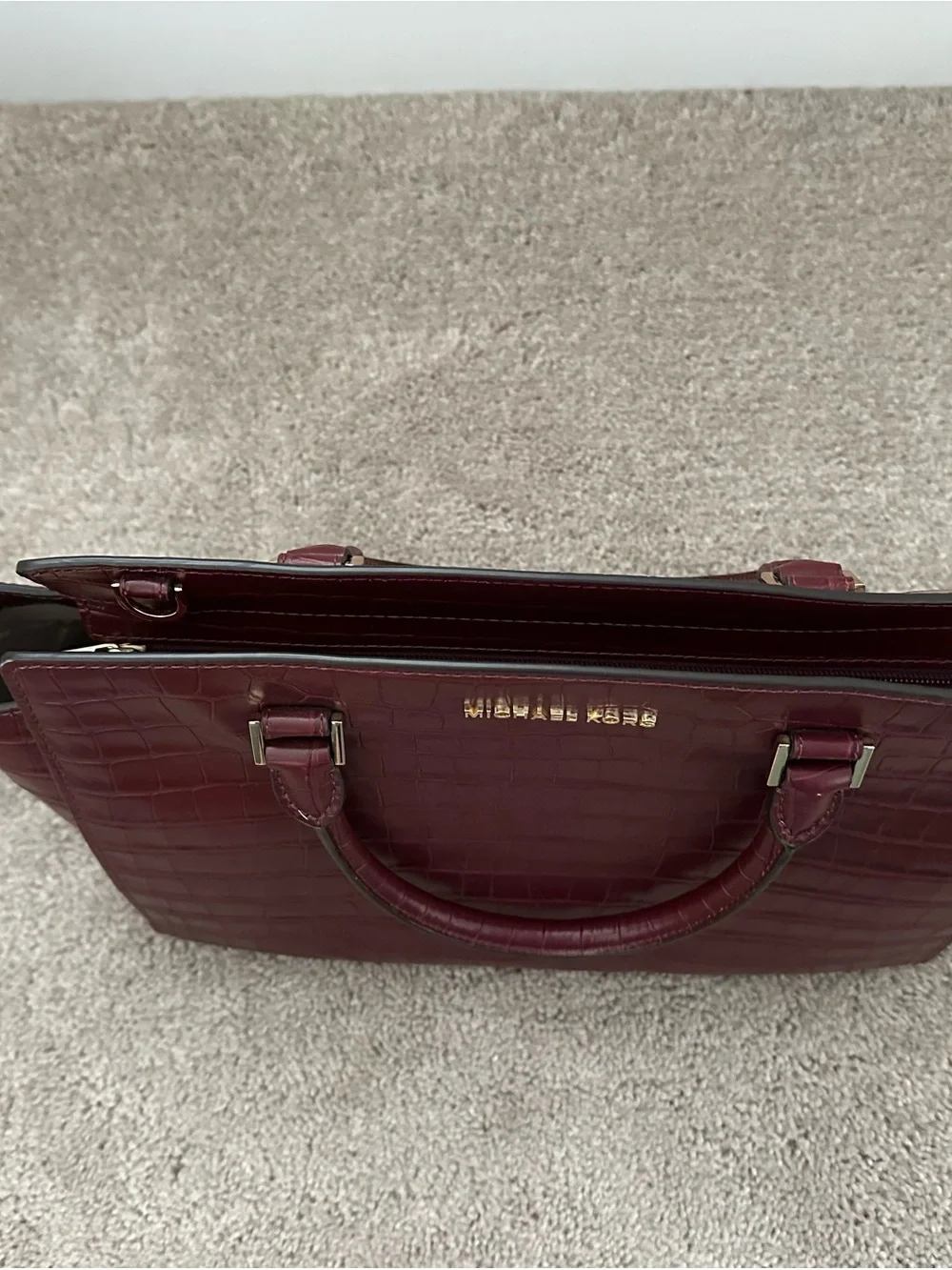 Michael Kors Croc-Embossed Burgundy Satchel with Detachable Strap